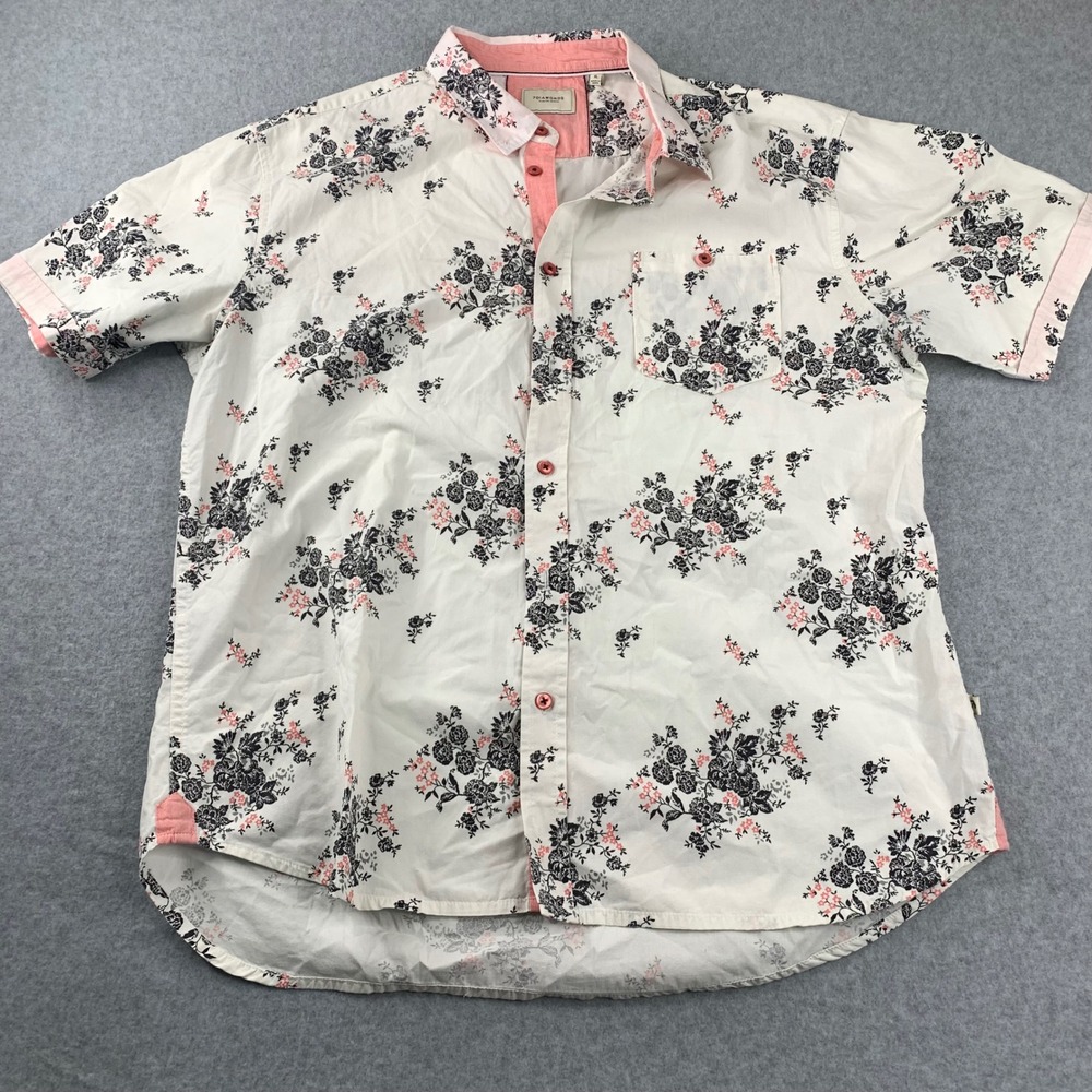 7Diamonds Button Down Shirt Mens XL White Floral Short Sleeve Cotton Blend